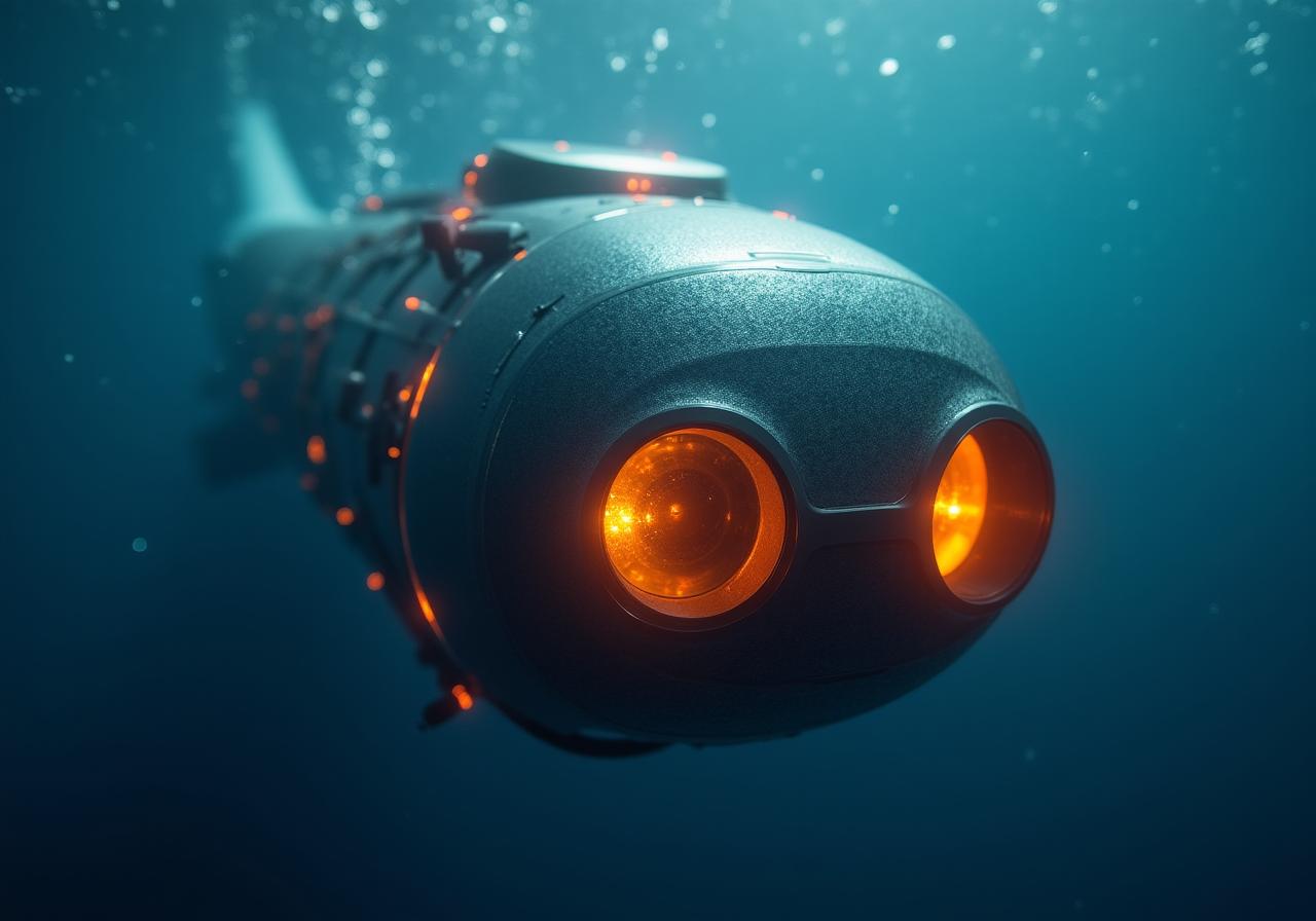 自律型深海探査機の近接写真